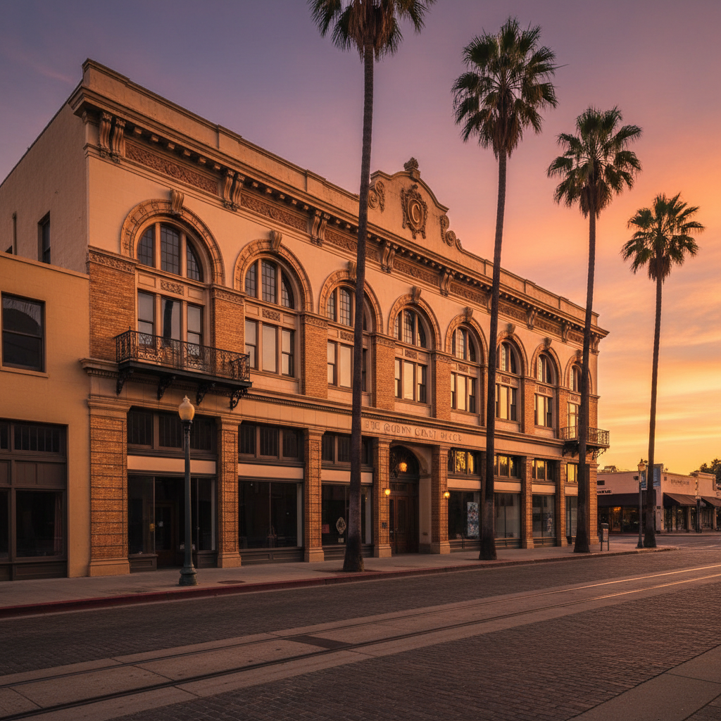 A historic downtown California brick building with arched windows at golden hour