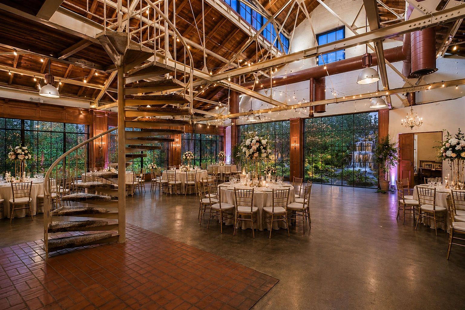 Rendering of the transformed Grand Atrium — round banquet tables with white linens and gold chairs beneath exposed wooden trusses