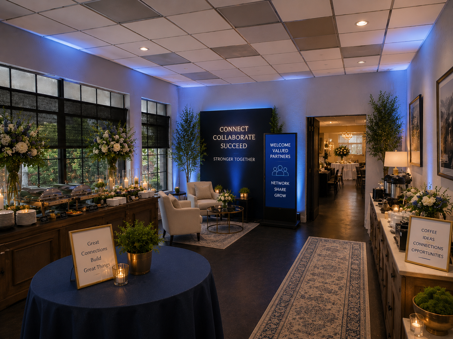 The Celebration Lounge styled for a corporate event — blue uplighting, a Connect Collaborate Succeed backdrop, lounge seating, and buffet stations