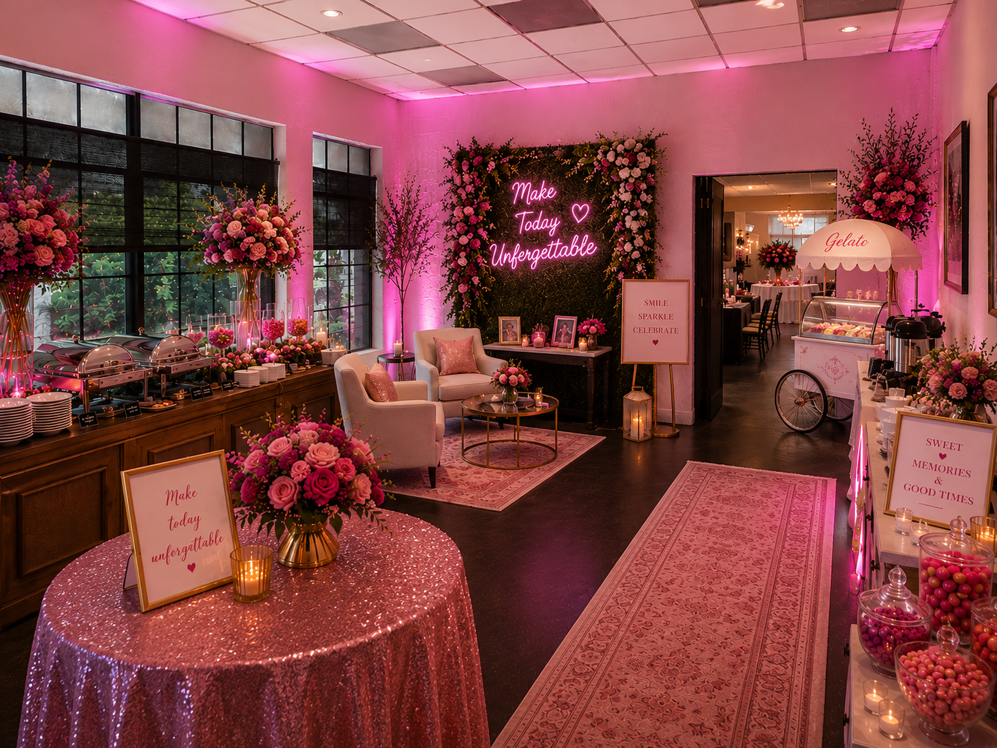 The Celebration Lounge styled for a milestone celebration — pink uplighting, floral walls, a Make Today Unforgettable neon sign, and a gelato cart