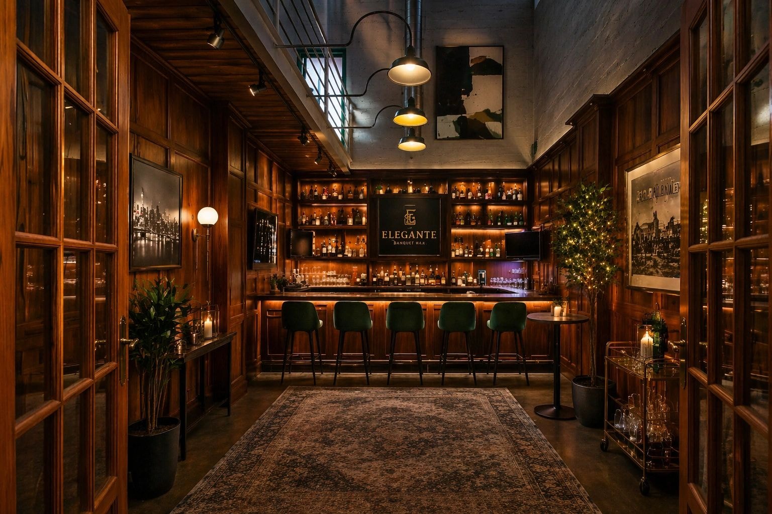 Rendering of The Oak Room as an elegant cocktail lounge with dark wood paneling, green velvet bar stools, and warm pendant lighting
