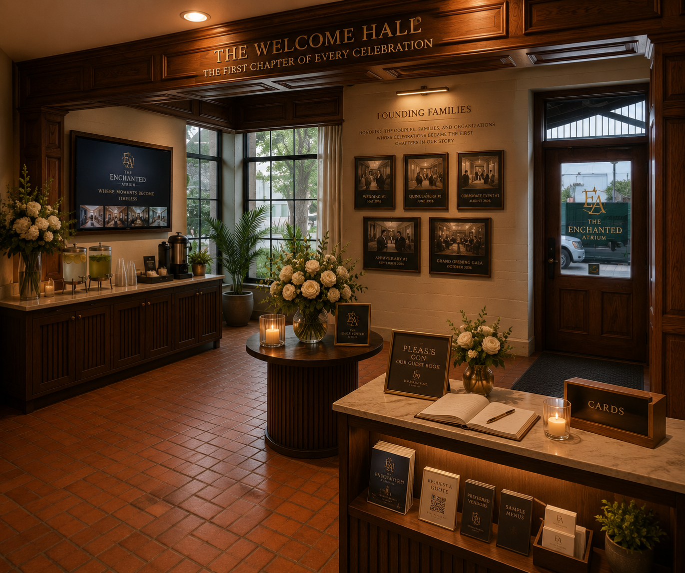 Rendering of The Welcome Hall — an elegant foyer with a refreshment station, personalized seating display, guest book, and fresh florals