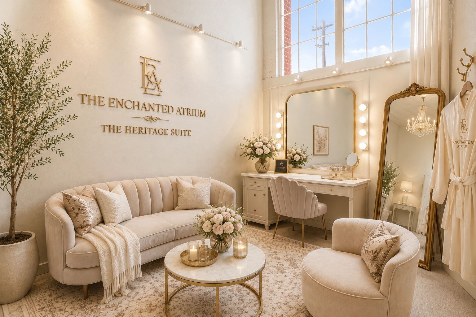 Rendering of The Heritage Suite — a cream-and-gold boutique retreat with a channel-tufted sofa, marble vanity, and gold-framed mirror